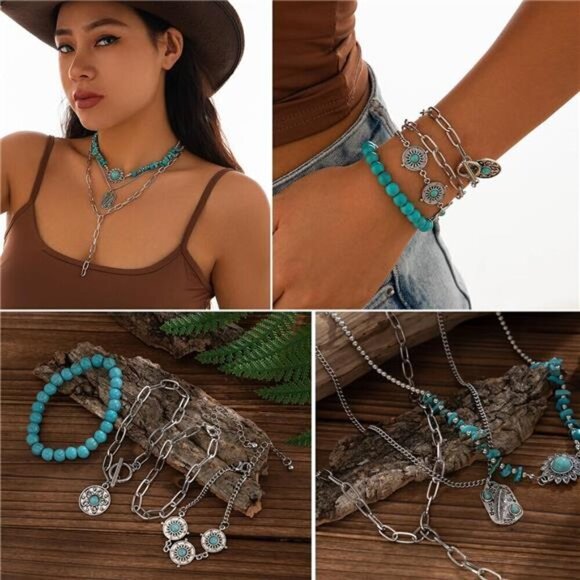 16 Pcs Western Jewelry for Women Bohemian Set, Boho Pendant Long Choker, Faux - Picture 5 of 7